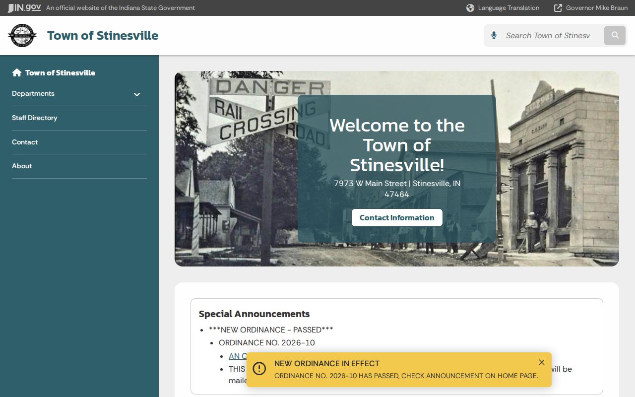 Stinesville warrant records and town government route
